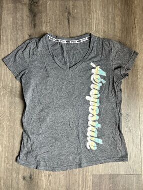 Aeropostale Women's Gray V-Neck Tee with Pastel Logo